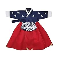 Girl Baby Hanbok First Birthday Party Celebration Korean Traditional Dress Navy Red Print 1-8 Ages