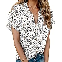 HOTOUCH Linen Cotton Womens Short Sleeve Shirts V Neck Collared Button Down Blouse Tops S-3XL