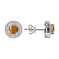 RYLOS 14K White Gold Halo Stud Earrings - 4MM Round Gemstone & Diamonds - Exquisite Birthstone Jewelry for Women & Girls