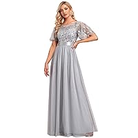 Ever-Pretty Women's Formal Dresses Crew Neck Sequin Ruffle Sleeve Empire Waist Beaded Long Evening Dresses 00904