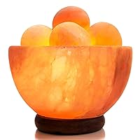 Natural Himalayan Rock Sea Salt Lamp Bowl With 6 Heated Salt Massage balls, Stylish Wood Base, Bulb With Dimmable Switch UL-Listed Cord