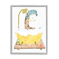 Stupell Industries Children's Giraffe Animal Bubble Bath Yellow Bathroom Grey Framed Wall Art, White