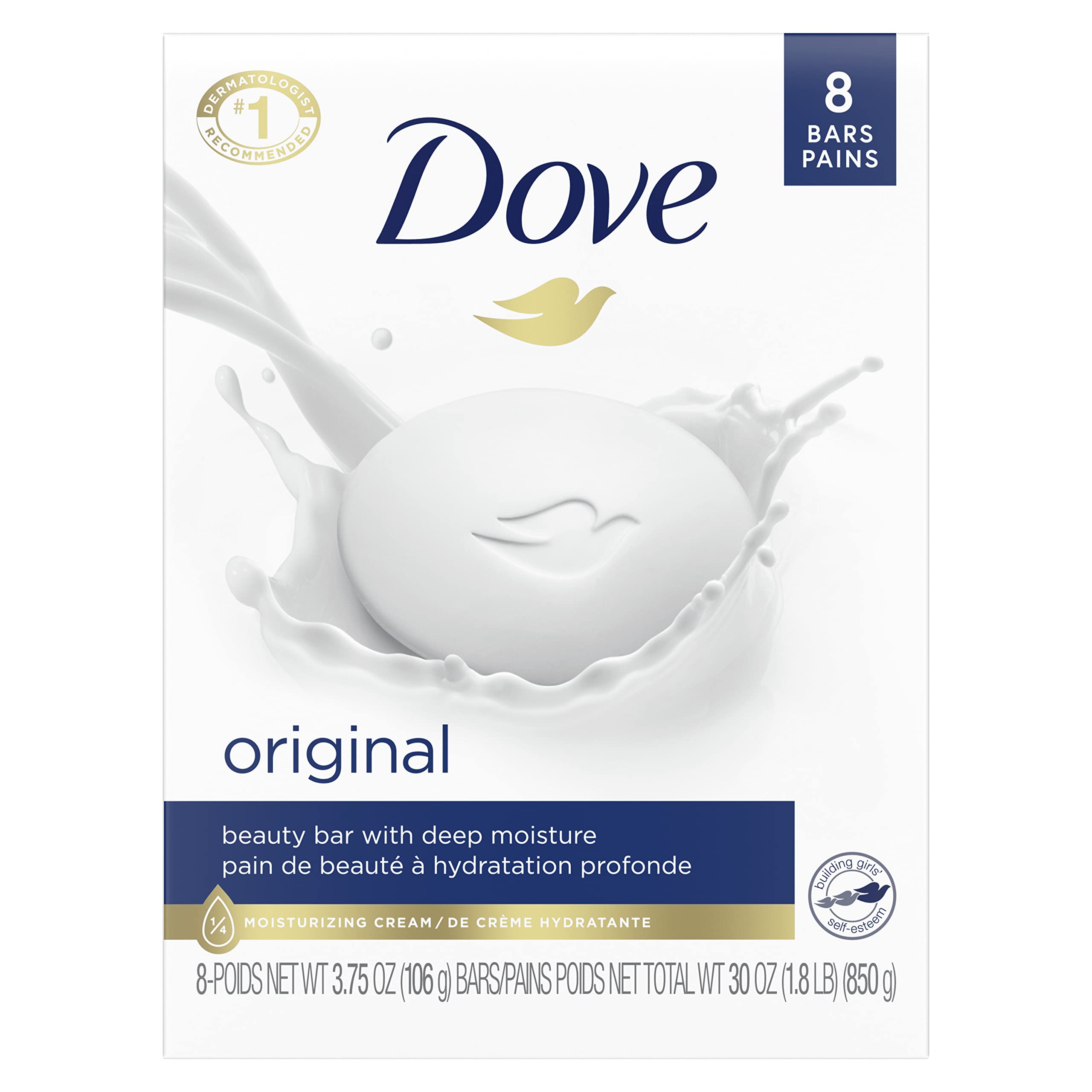 Dove Beauty Bar Gentle Skin Cleanser Moisturizing for Gentle Soft Skin Care Original Made With 1/4 Moisturizing Cream 3.75 oz, 8 Bars
