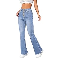 SweatyRocks Women's Casual High Waisted Flare Leg Jeans Raw Hem Bell Bottom Denim Pants