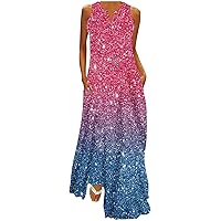 Womens Gradient Maxi Dress Shiny Print Look Sleeveless V Neck Beach Tank Dress 2024 Summer Sundress with Pockets