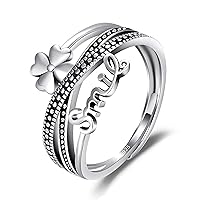 Bellitia Jewelry Platinum Plated Silver Adjustable Fashion Multi-Layer Crossed Lines Ring for Women, Vintage Inspirational Letter Rings Clover Design Jewelry Set