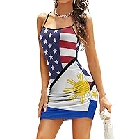 American and Philippines Flag Women's Mini Dress Sling Sleeveless Dress Bodycon Tank Dresses Sexy Hip Dresses for Beach Party