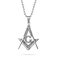 Bling Jewelry Black Oxidized Large Freemason Secret Society Square & Compass Masonic Symbol Pendant Necklace For Men Silver Gold Tone Stainless Steel With Bead Chain