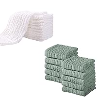 Yoofoss 10 Pack Muslin Burp Cloths for Baby 20''X10'' White & 10 Pack Muslin Baby Washcloths 12x12in (Dark Green)