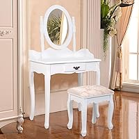 Dressing Table Set Wood Makeup Table, Vanity Set with Oval Mirror and Cushioned Stool, Elegant Dressing Desk and Organizer, Ideal for Bedroom Bathroom (White) (Vanity Table Set)