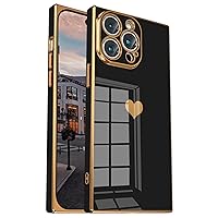 Tzomsze Compatible with iPhone 15 Pro Max Case Square【Full Camera Protection】 Cute Heart Pattern & Electroplate Reinforced Corners Shockproof Edge Bumper Case 2023 [6.7 inches],Black