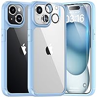 TAURI 5 in 1 for iPhone 15 Case, [Not-Yellowing] with 2X Screen Protectors + 2X Camera Lens Protectors, [Military Grade Drop Protection] Shockproof Slim Phone Case for iPhone 15, Light Blue