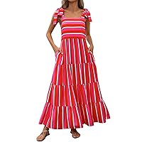 Striped Summer Dress for Women, Dresses Floral Sleeveless Maxi Casual Spaghetti Strap Tiered Flowy, S XXL