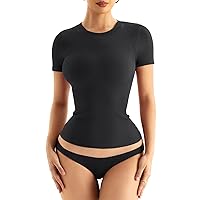 Women High Neck Seamless Tops with Built in Bra Ribbed Short Sleeve Basic Tee Shirts