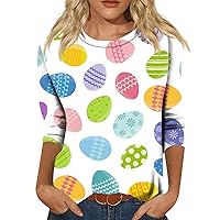 Easter Bunny Egg Print Tunic 3/4 Sleeve Tshirt Ladies Tops Round Neck Shirt Casual Blouse Fashion Summer 2024 Tee