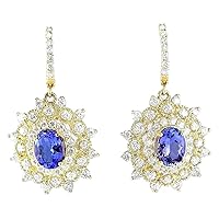 7.2 Carat Natural Blue Tanzanite and Diamond (F-G Color, VS1-VS2 Clarity) 14K Yellow Gold Luxury Drop Earrings for Women Exclusively Handcrafted in USA