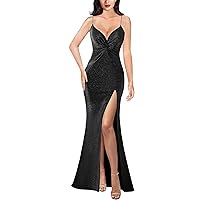 VFSHOW Womens Glitter Spaghetti Strap Twist V Neck Backless Zipper High Split Formal Evening Gown Prom Maxi Dress