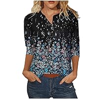 Women's Casual 3/4 Sleeve Tops Fashion Floral Printed Round Neck Button Up Basic Tunic Tops T-Shirts Dressy Blouses