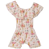 Little Girls Floral Unicorn Off Shoulder Birthday Party Romper Clothing
