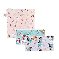 Bumkins Disney Reusable Sandwich and Snack Bags, for Kids School Lunch and for Adults Portion, Washable Fabric, Waterproof Cloth Zip Bag, Travel Pouch, Food-Safe Storage, 3-pk Princess Magic