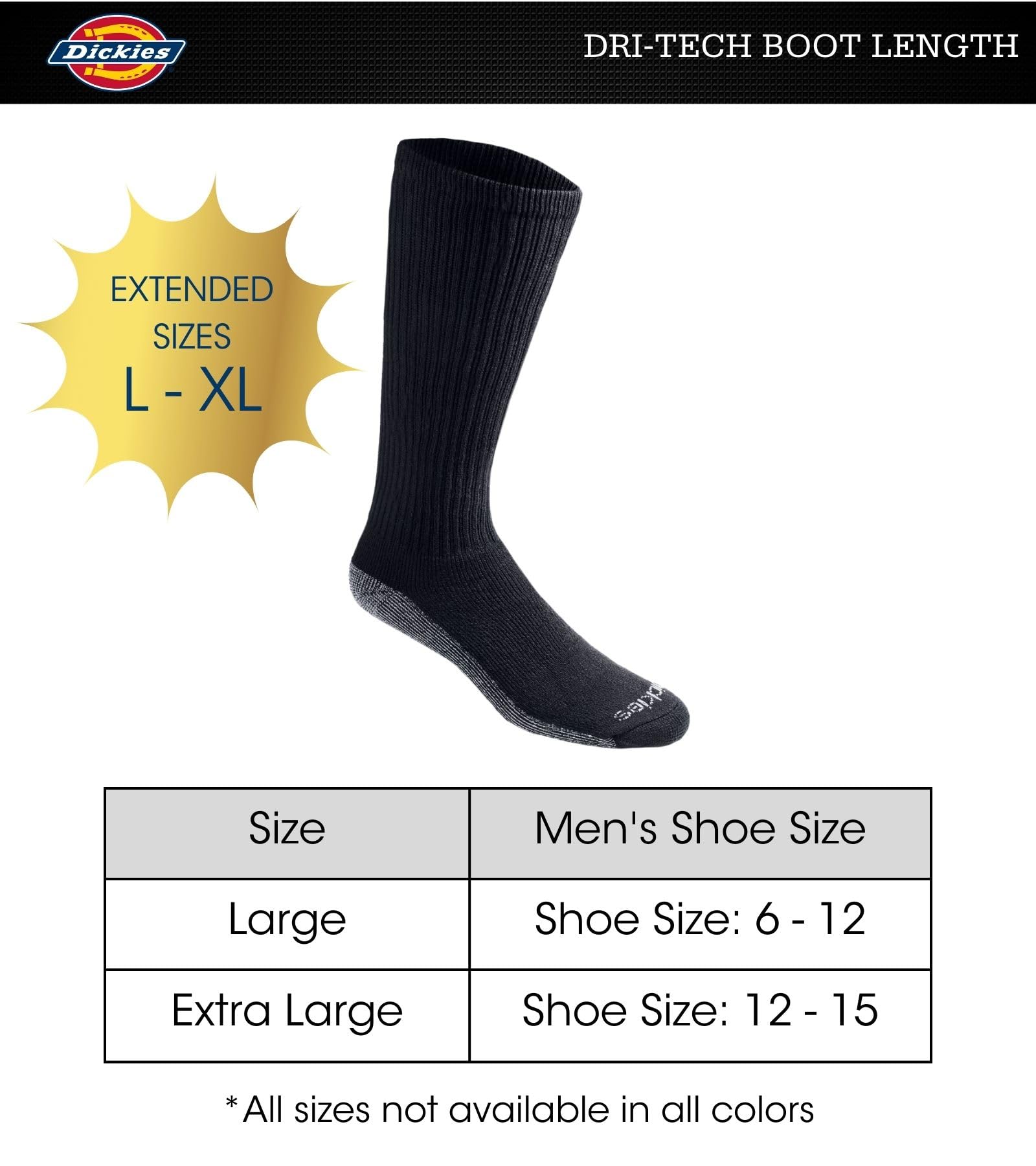 Dickies Men's Multi-Pack Dri-tech Moisture Control Boot-Length Socks, Black (6 Pairs), X-Large