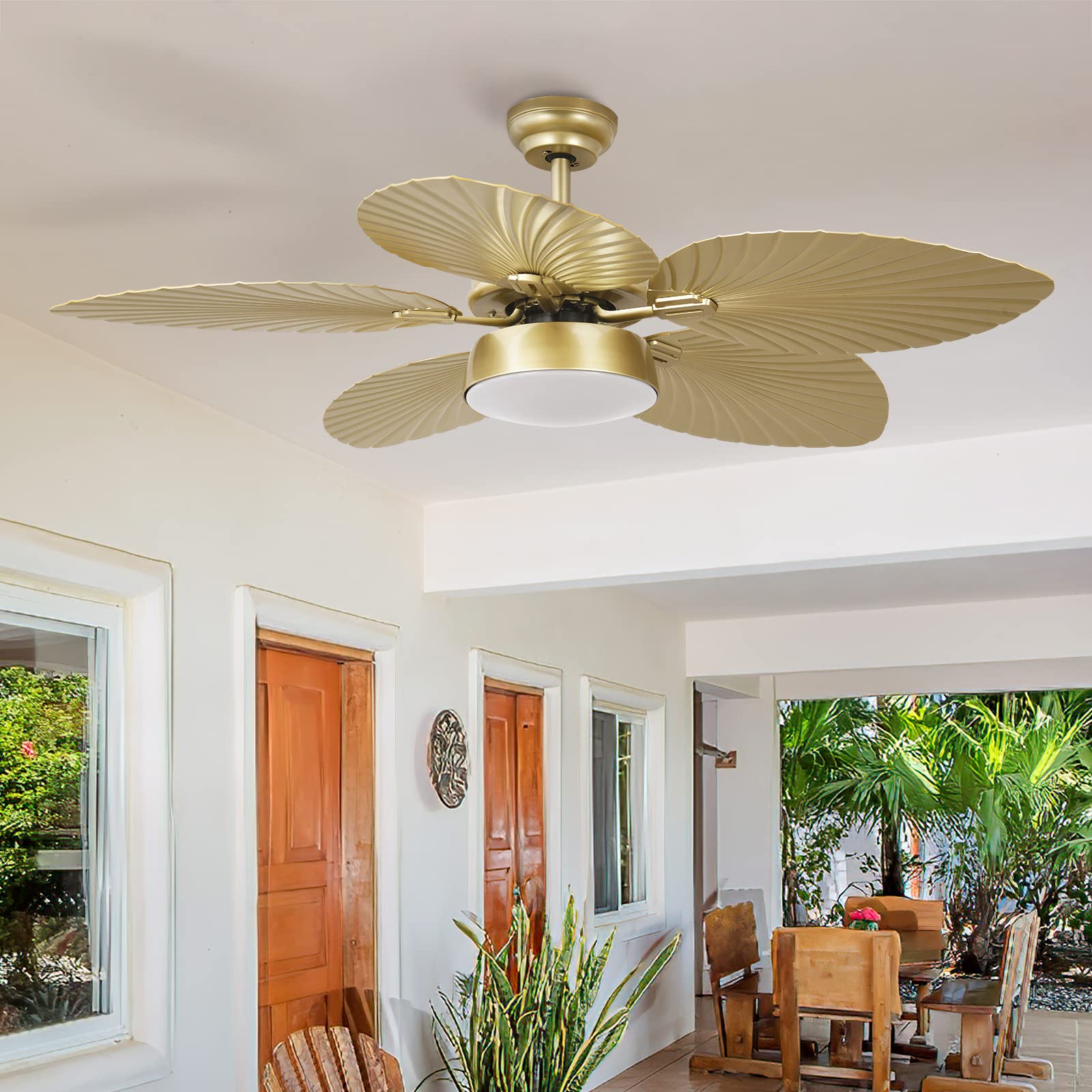 YITAHOME Tropical Ceiling Fans with Light and Remote, 52 Inch Fan Light with Memory Function, Lights Colors Changing, Quiet Motor, Timer, Palm Leaf Blades for Outdoor/Indoor - Gold