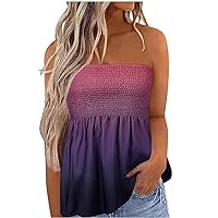 Women Color Block Smocked Babydoll Tube Tops Summer Strapless Off Shoulder Trendy Casual Tunic Bandeau for Vacation