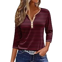 Casual Tops for Women 3/4 Sleeve Button-Down Blouses v Neck Oversized Cute Tops for Women Cotton Basic Tops