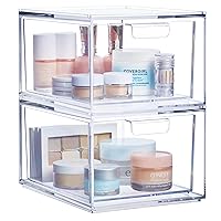 Audrey Stackable Clear Bin Plastic Organizer Drawers | 2 Piece Set | Organize Cosmetics and Beauty Supplies on a Vanity | Made in USA
