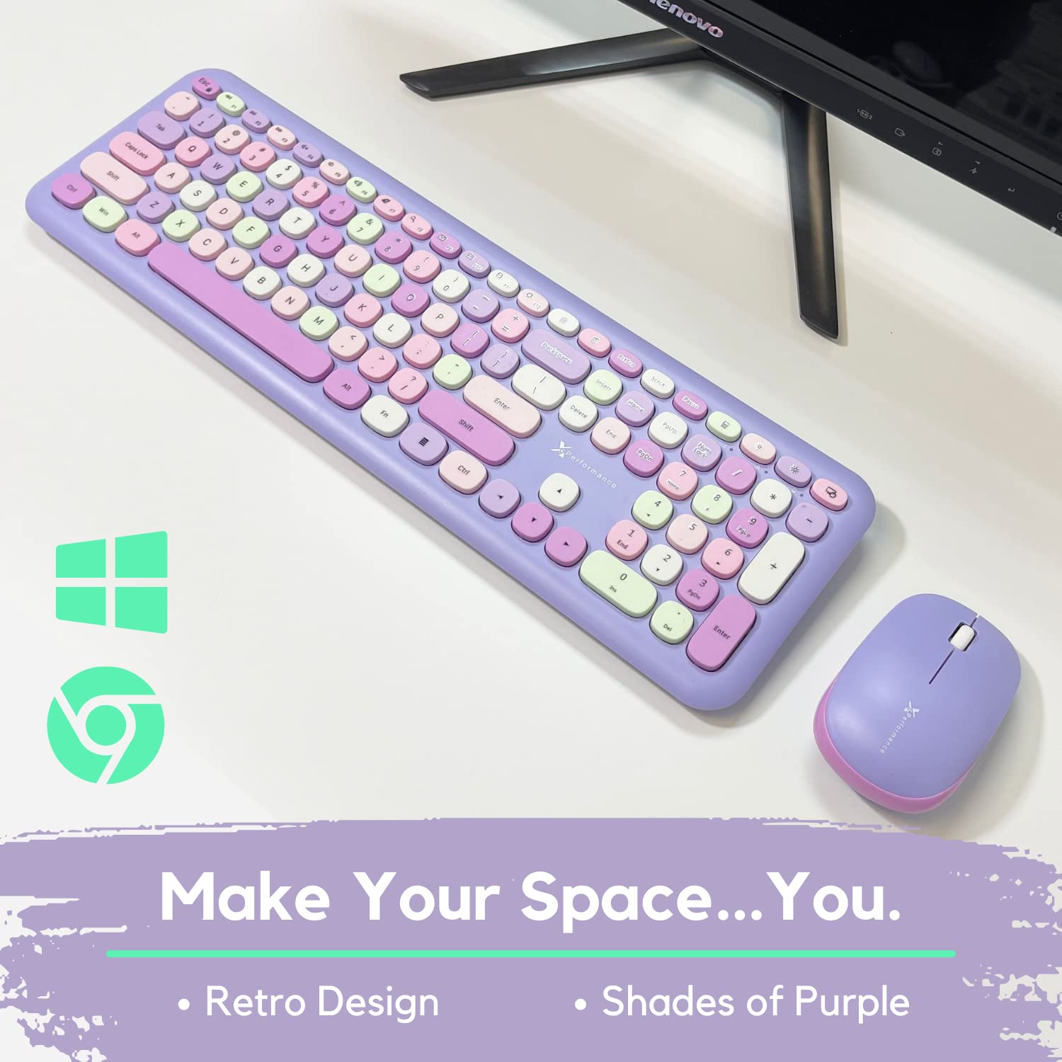 X9 Performance Colorful Keyboard and Mouse Combo - Transform Your Space with 2.4G Cute Wireless Aesthetic Purple Keyboard and Mouse Retro for PC Computer and Laptop