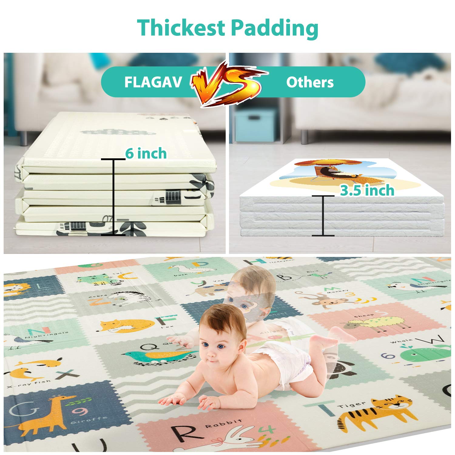 FLAGAV Baby Play Mat, 79x71x0.6 Inch Extra Large Folding Baby Crawling Mat, Waterproof Reversible Playmat Foam Non Toxic Anti-Slip Portable Kids Play Mat for Infant, Toddler (Yellow)