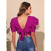Women's Tops Sexy Tops for Women Women's Shirts Puff Sleeve Tie Back Blouse (Size : Small)