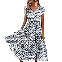 Summer Dresses for Women Fashion Floral Print Sleeveless Camisole Dress Casual V Neck Swing Pleated Flowy Sexy Beach Dress