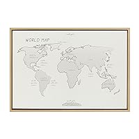 Sylvie World Map Sketch Framed Linen Textured Canvas Wall Art by Teju Reval of SnazzyHues, 23x33 Natural, Decorative Map Art for Wall