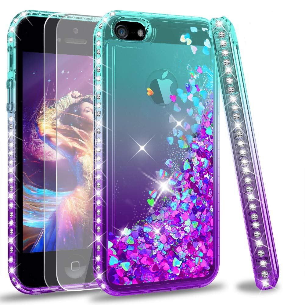 LeYi Compatible with iPhone SE 2016 Case (Not fit SE 2020!!), iPhone 5S Case, iPhone 5 Case with 2pcs Tempered Glass Screen Protector, Glitter Case for iPhone 5, Teal/Purple