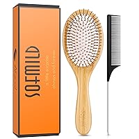Sofmild Bamboo Wooden Paddle Hair Brush Comb Set, Hairbrushes for Women Men Kid Detangling Hair Massaging Scalp with Round Tip Bristles for All Hairstyles (White Wooden)