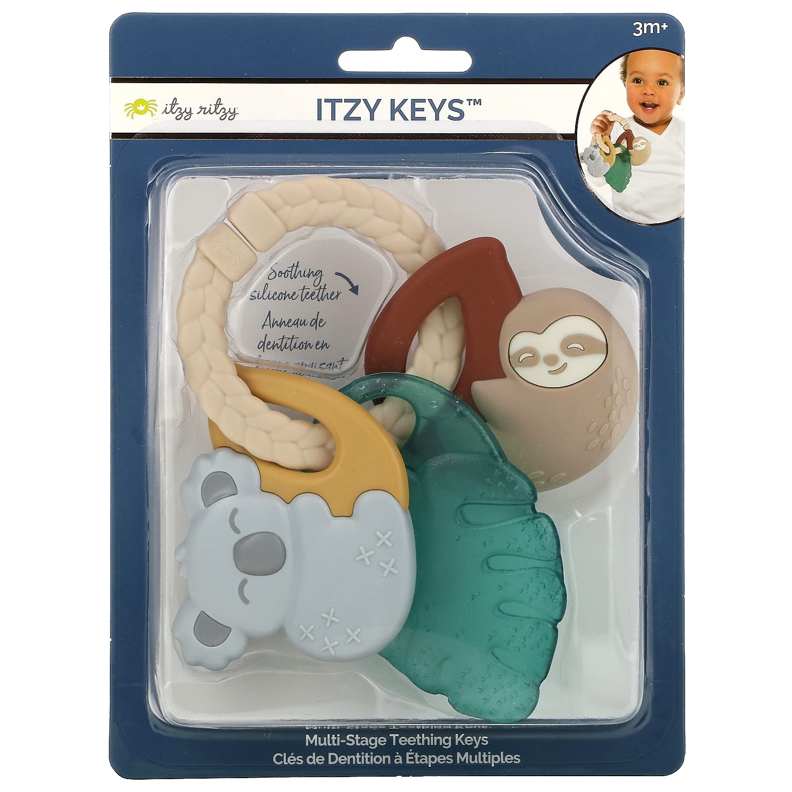 Itzy Ritzy Teething Keys - Feature A Braided Texture Ring & Keys with Mixed Textures, Includes A Water-Filled Leaf, Silicone Sloth & Koala Teether Toy, Tropical