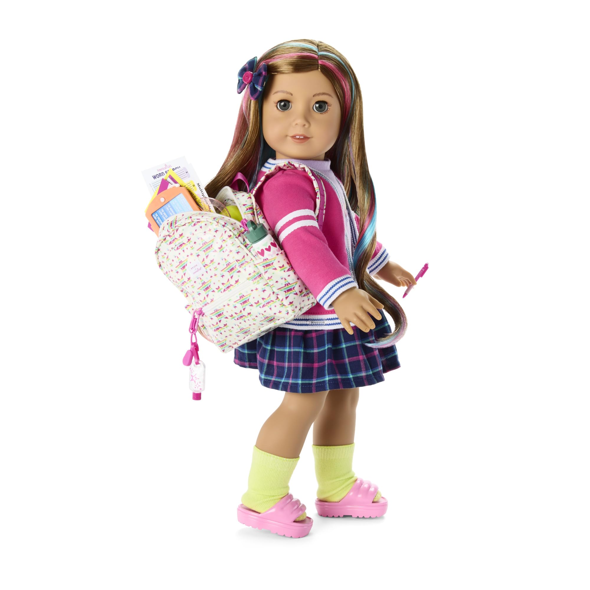American Girl Truly Me Star Student 8-piece Backpack Set for 18-inch Dolls with rainbow star-print x STATE Bags backpack, padded shoulder straps, school accessories Ages 6+