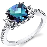 PEORA Created Alexandrite Ring for Women in 14K White Gold with Genuine White Topaz, Color Changing Cushion Cut, 2.78 Carats total, Comfort Fit, Sizes 5 to 9