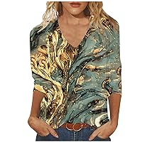 3/4 Length Sleeve Womens Tops Trendy Marble Print Tshirt Casual V Neck Blouse TLoose Fit Cute Tees 3/4 Sleeve Retro Clothes