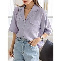 Women's Tops Shirts Sexy Tops for Women Flap Pocket Lapel Neck Drop Shoulder Blouse (Color : Lilac Purple, Size : X-Large)