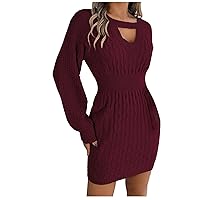 Sweater Dresses for Women 2023 Casual Lantern Sleeve Keyhole Knitted Bodycon Mini Dress Winter Geometric Slim Fitted Dress
