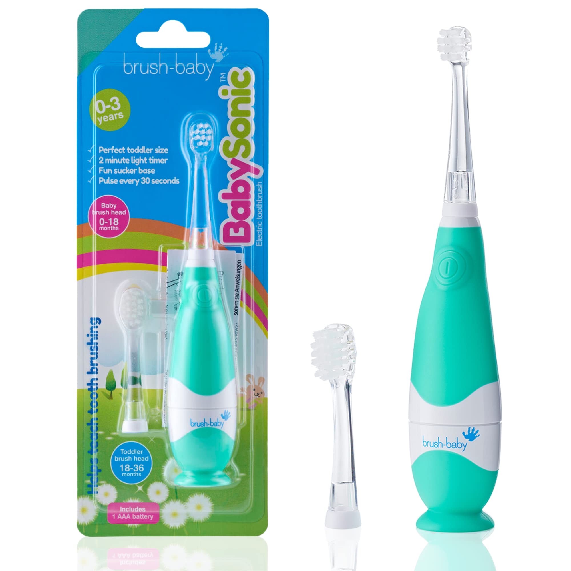 brush-baby BabySonic Infant and Toddler Electric Toothbrush for Ages 0-3 Years - Smart LED Timer and Gentle Vibration Provide a Fun Brushing Experience - Includes 2 Sensitive Brush Heads (Teal)