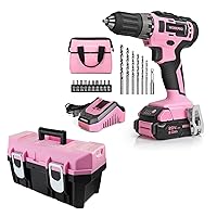 WORKPRO 20V Pink Cordless Drill Driver Set, 3/8” Keyless Chuck, 2.0 Ah Li-ion Battery and 11-inch Storage Bag Included and 16-inch Tool Box, Pink Plastic Toolbox with Metal Latch and Removable Tray