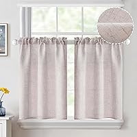 Kitchen Curtains 36 Inch Length Over Sink, Semi Sheer Light Filtering Half Window Curtains White Farmhouse Rod Pocket Short Linen Tier Curtains 2 Panels for Cafe Bathroom Basement, W26XL36