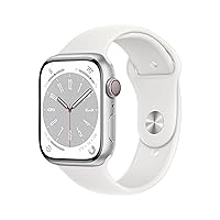 Apple Watch Series 8 [GPS + Cellular 45mm] Smart Watch w/Silver Aluminum Case with White Sport Band - S/M. Fitness Tracker, Blood Oxygen & ECG Apps, Always-On Retina Display, Water Resistant