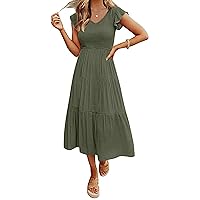 MEROKEETY Women's Flutter Sleeve Smocked Midi Dress V Neck Casual Tiered Dresses with Pockets