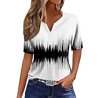 Womens Short Sleeve Button Down Shirts Fashion Casual Vintage Printed V-Neck Decorative T-Shirt Top