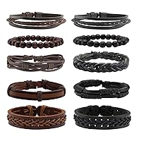 MILAKOO 10 Pcs Braided Leather Bracelet for Men Women Wooden Beaded Bracelets Wrap Adjustable