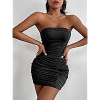 Dresses for Women - Solid Ruched Tube Dress (Color : Black, Size : Medium)